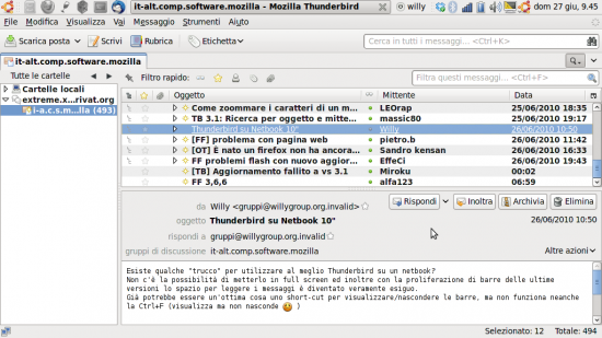 Interfaccia di default di Thunderbird su un Netbook 10.1"